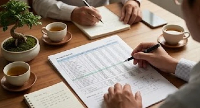 Hai đối tác kinh doanh cùng thảo luận trên bàn làm việc thể hiện sự hợp tác hài hòa mang lại may mắn và tài lộc