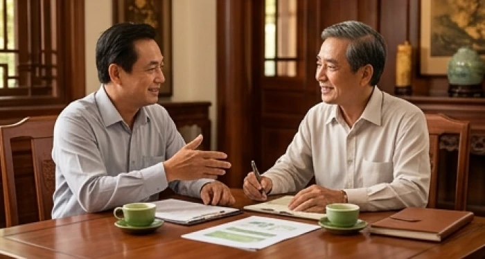 Gia chủ Đinh Hợi đàm đạo cùng đối tác hợp tuổi Canh Dần bên bàn trà nhẹ nhàng tạo sự hòa hợp ngũ hành