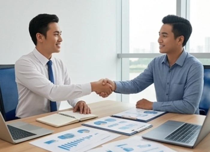 Hai doanh nhân nam giới thảo luận hợp tác ký kết hợp đồng thuận lợi trong văn phòng sáng sủa