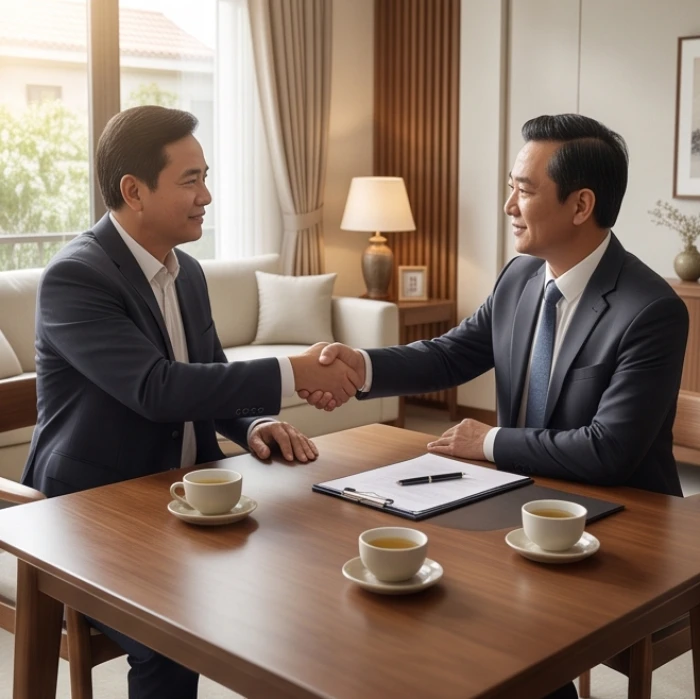 Hai doanh nhân lớn tuổi bắt tay hợp tác bên bàn trà sang trọng thể hiện sự thuận lợi khi làm ăn đúng tuổi hợp