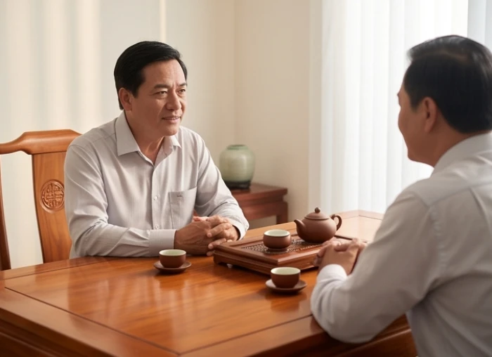 Gia chủ tuổi Mậu Tý trò chuyện hòa nhã cùng đối tác thân thiết trên bàn trà gỗ truyền thống trong không gian yên tĩnh