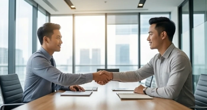 Hai đối tác doanh nhân nam trẻ Việt Nam bắt tay hợp tác thuận lợi trong không gian làm việc chuyên nghiệp