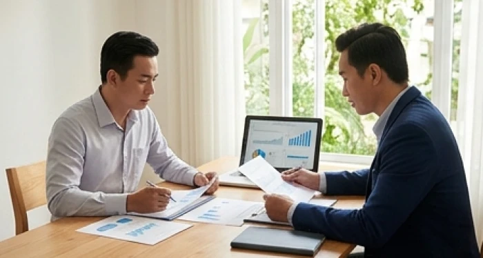Hai đối tác doanh nhân thảo luận hợp tác kinh doanh hợp tuổi trên bàn làm việc