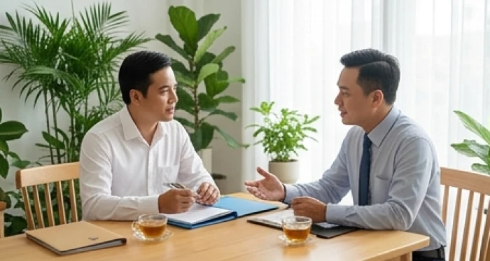 Buổi trà đạo hợp tác công việc thân thiện giữa gia chủ tuổi Nhâm Tý và đối tác kinh doanh mang mệnh Thủy
