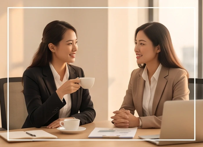 Hai nữ doanh nhân trao đổi ý tưởng sáng tạo trong không gian làm việc mở mang lại nguồn năng lượng sinh tài lộc