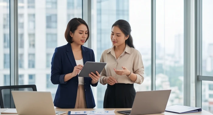 Phụ nữ Quý Dậu 1993 tự tin trao đổi công việc cùng đối tác kinh doanh tại văn phòng hiện đại