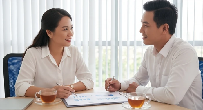 Cuộc thảo luận hợp tác kinh doanh thuận lợi và ăn ý giữa hai đối tác tại không gian làm việc sáng sủa
