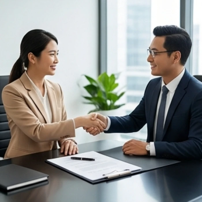 Hai đối tác kinh doanh đang mỉm cười bắt tay nhau ký kết hợp đồng quan trọng trên chiếc bàn làm việc sang trọng