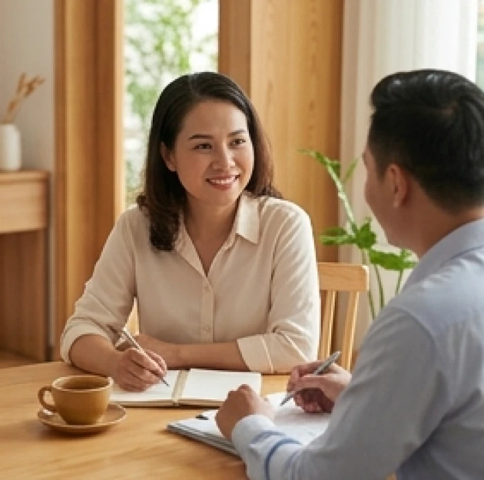 Hai người phụ nữ cùng trao đổi công việc bên bàn trà thể hiện sự hòa hợp năng lượng giữa các tuổi tam hợp