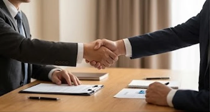 Hai đối tác đang bắt tay thỏa thuận hợp tác làm ăn phù hợp với tuổi Tân Tỵ 2001