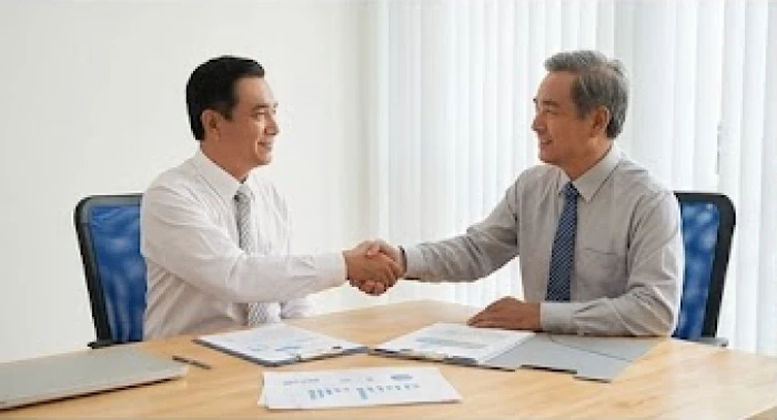 Hai người đàn ông trung niên bắt tay hợp tác thể hiện sự gắn kết kinh doanh của tuổi hợp làm ăn