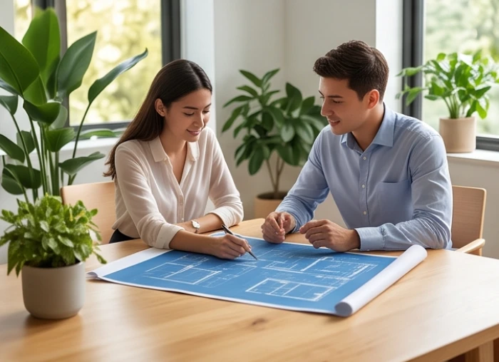 Hai doanh nhân trẻ thảo luận kế hoạch hợp tác kinh doanh trong không gian văn phòng tràn ngập cây xanh tự nhiên