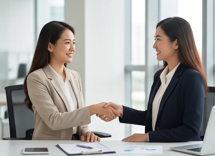 Hai đối tác kinh doanh nữ ký kết hợp đồng hợp tác thuận lợi thể hiện sự ăn ý trong công việc làm ăn
