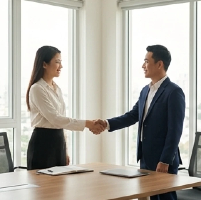 Hai doanh nhân trẻ bắt tay ký kết hợp đồng hợp tác kinh doanh tại văn phòng hiện đại