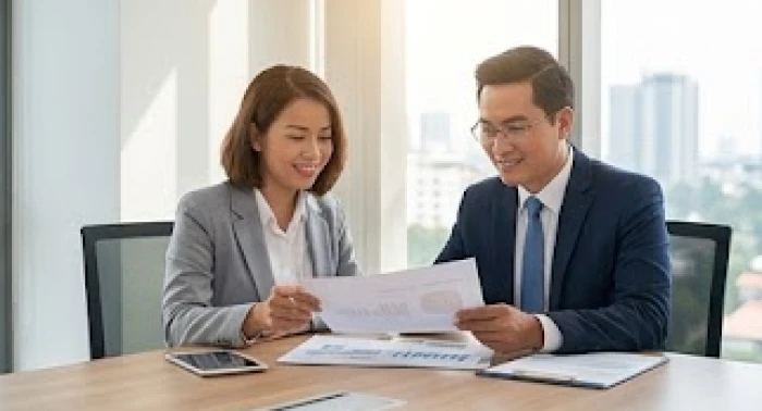 Hai đối tác kinh doanh thảo luận công việc trong không gian văn phòng sáng sủa thể hiện sự hòa hợp ngũ hành