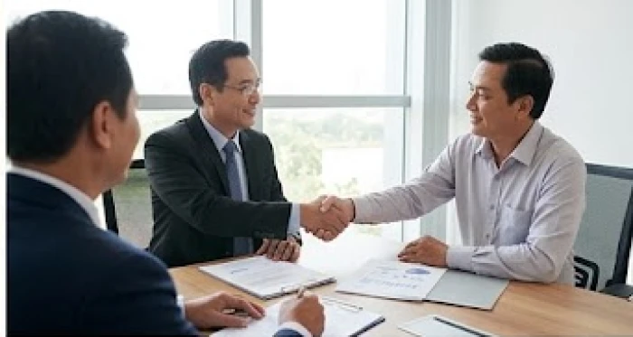 Hai doanh nhân người Việt trao đổi hợp đồng kinh tế thuận lợi tại phòng họp sáng sủa và trang nhã