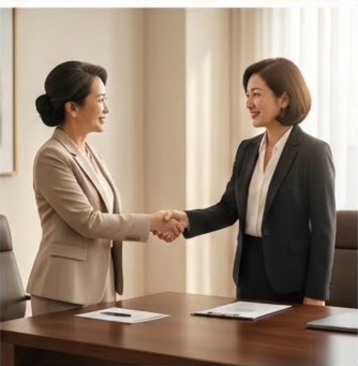 Hai nữ doanh nhân trung niên đang bắt tay hợp tác vui vẻ trong một không gian văn phòng làm việc sang trọng