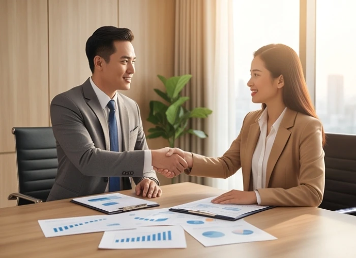 Doanh nhân nam sinh năm 1994 trao đổi hợp tác thuận lợi với đối tác hợp tuổi trong không gian làm việc