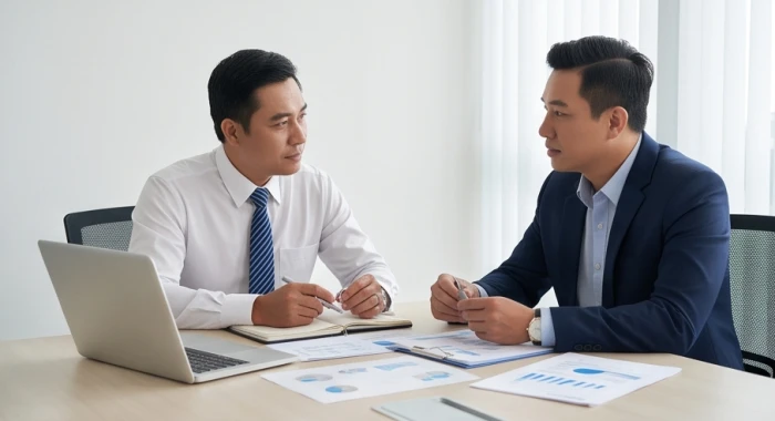 Hai đối tác kinh doanh nam giới họp bàn ký kết hợp đồng minh bạch tại văn phòng làm việc sáng sủa