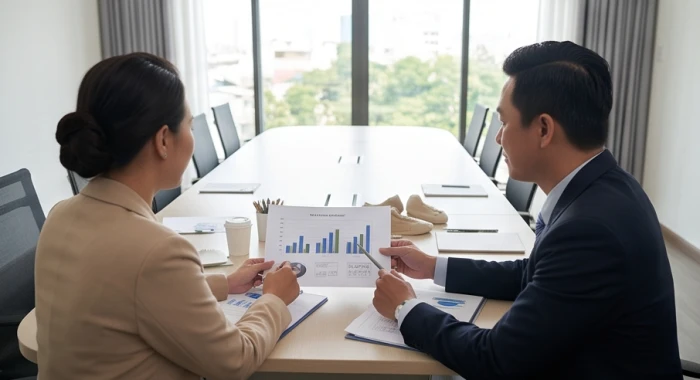Doanh nhân tuổi Tân Dậu thảo luận chiến lược hợp tác cùng đối tác mang mệnh Thủy tại phòng họp