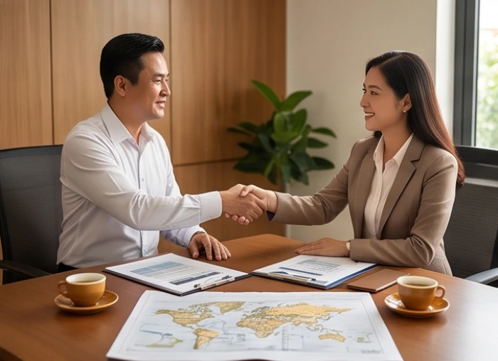 Cuộc trao đổi hợp tác kinh doanh thuận lợi giữa người tuổi Ngọ và đối tác Tam hợp Dần Tuất trong văn phòng