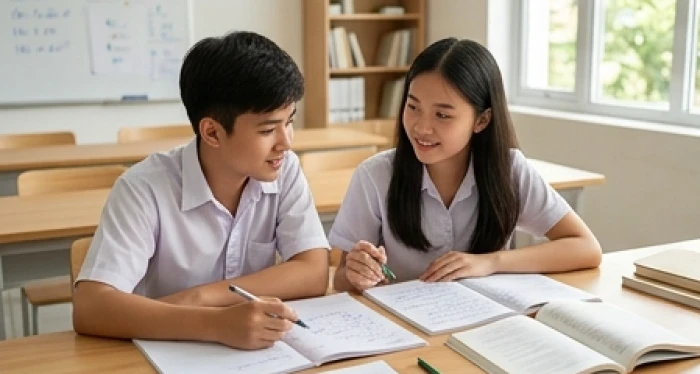 Hai học sinh ngồi thảo luận bài tập nhóm hòa hợp trên bàn học gỗ thể hiện sự tương hợp giữa tuổi Mậu Tý và Kỷ Sửu
