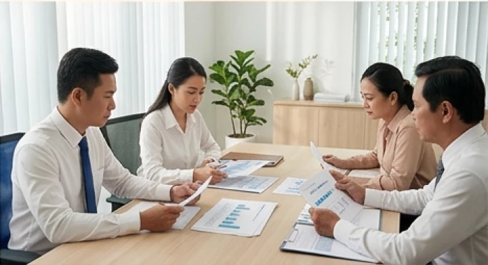 Nhóm đối tác thảo luận kế hoạch tài chính và dòng tiền doanh nghiệp bên bàn họp trang nhã