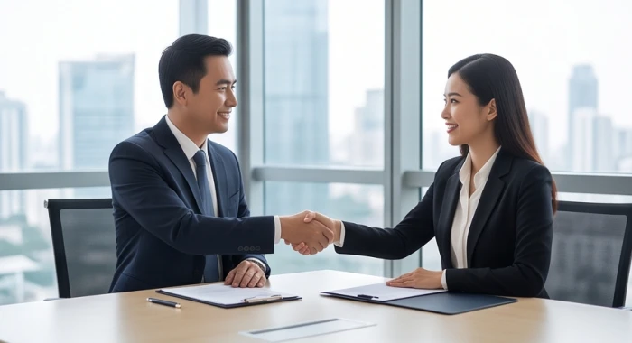 Hai đối tác kinh doanh trao đổi hợp đồng trong sự hòa hợp cát lợi dành cho tuổi Kỷ Hợi 1959