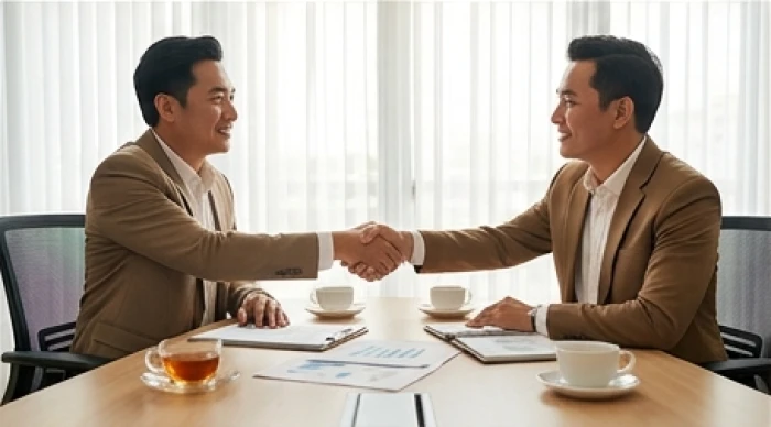Hai đối tác kinh doanh đang bắt tay hợp tác vui vẻ bên bản hợp đồng dự án mới trong không gian làm việc chuyên nghiệp