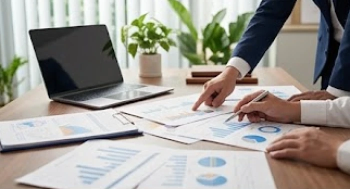 Đối tác kinh doanh hợp tuổi đang cùng nhau rà soát tài liệu hợp tác trong không gian làm việc chuyên nghiệp