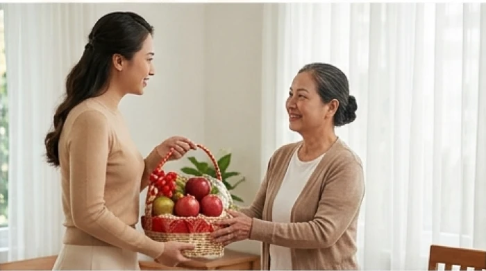 Khách chúc Tết hợp tuổi xông đất trao giỏ quà xuân cho gia chủ Giáp Ngọ đầu năm mới