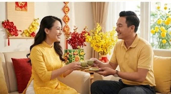 Gia chủ tuổi Ngọ vui vẻ đón tiếp vị khách hợp tuổi tam hợp đến xông nhà và chúc phúc dịp đầu xuân