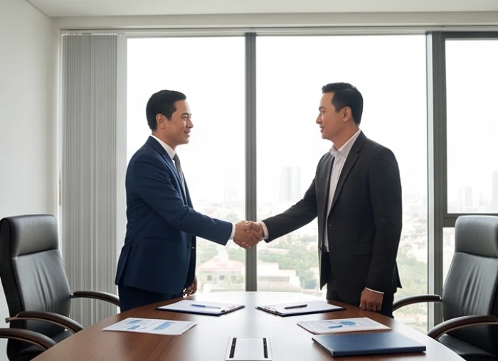 Hai đối tác doanh nghiệp ký kết thỏa thuận hợp tác hùn vốn làm ăn trong phòng họp hiện đại