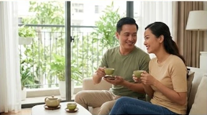 Cặp đôi vợ chồng trò chuyện vui vẻ bên bàn trà gia đình trong không gian ấm cúng