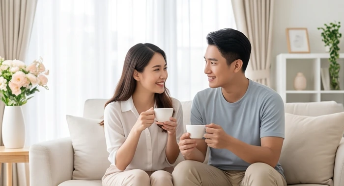 Cặp vợ chồng trẻ quây quần bên mâm trà gia đình thể hiện sự hòa hợp tuổi kết hôn giáp thìn