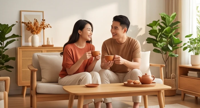 Khoảnh khắc hạnh phúc bình yên của cặp vợ chồng trẻ trong không gian phòng khách truyền thống ngập tràn ánh sáng ấm áp