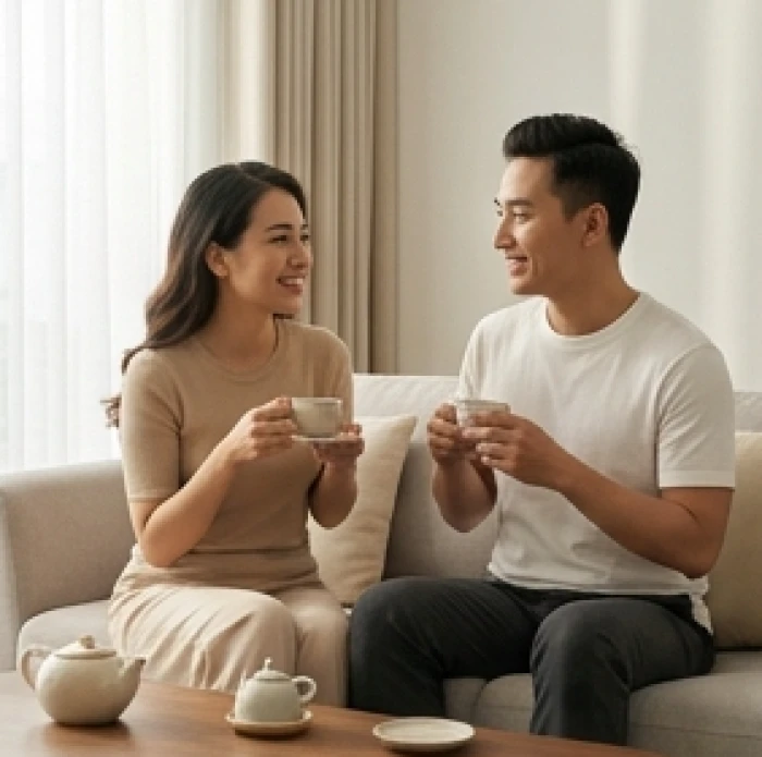 Cặp đôi trẻ trong trang phục nhã nhặn đang trao đổi vui vẻ tại phòng khách ấm cúng gia đình