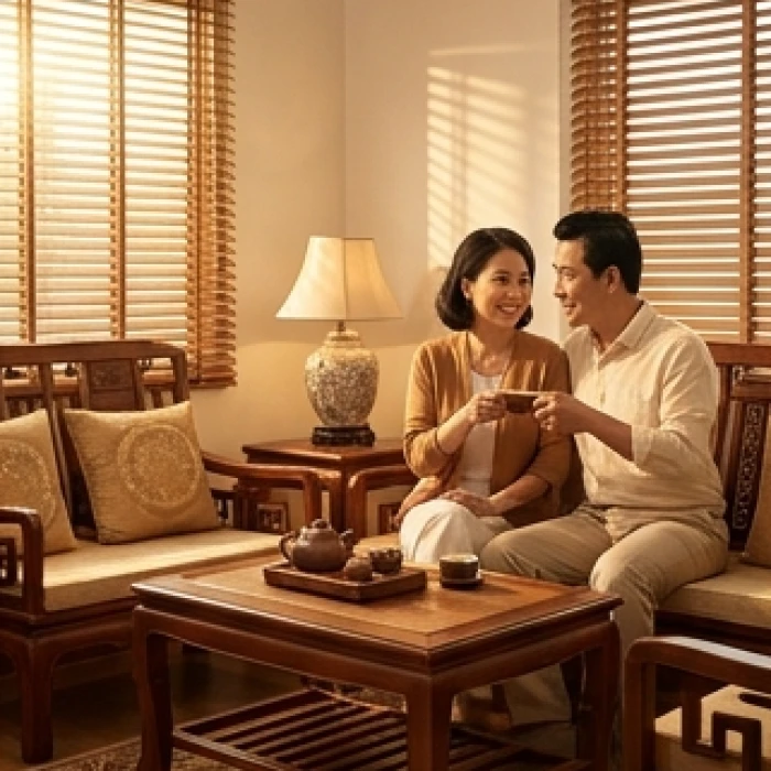 Cặp vợ chồng hạnh phúc đang cùng nhau thưởng thức trà đạo trong không gian phòng khách ấm cúng