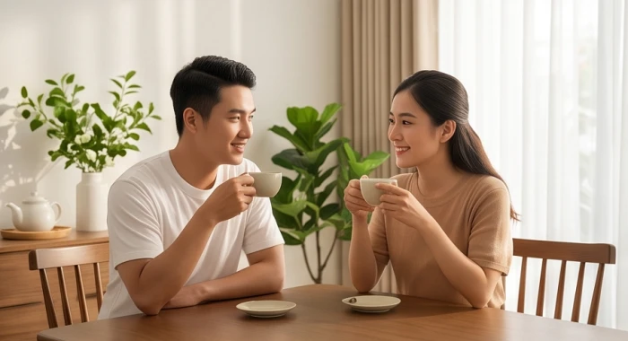 Cặp đôi trẻ sum vầy hạnh phúc trong không gian ấm áp biểu tượng cho cuộc sống hôn nhân viên mãn của Đinh Hợi