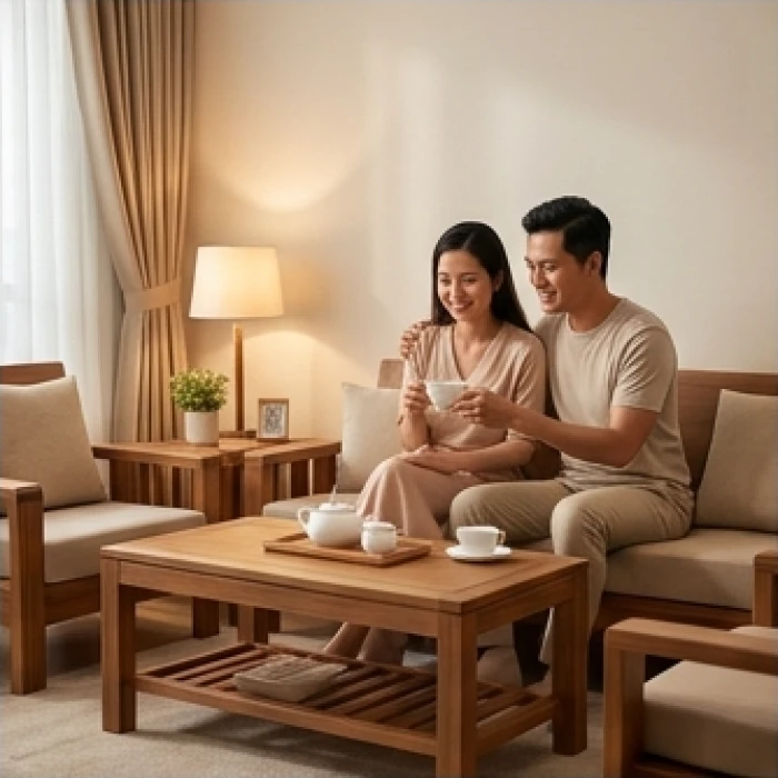 Vợ chồng đồng lòng trò chuyện vui vẻ trong phòng khách ấm cúng biểu trưng cho sự hòa hợp hôn nhân gia đạo
