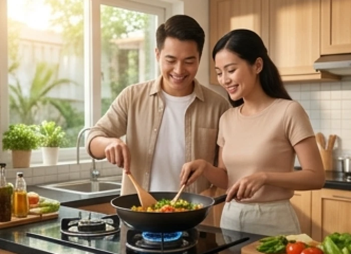 Cặp đôi vợ chồng trẻ người Việt hạnh phúc chuẩn bị bữa ăn ấm cúng trong căn bếp hiện đại