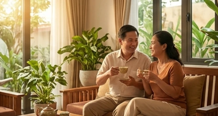 Vợ chồng lớn tuổi ngồi thưởng trà và trò chuyện vui vẻ trong phòng khách gia đình ấm cúng