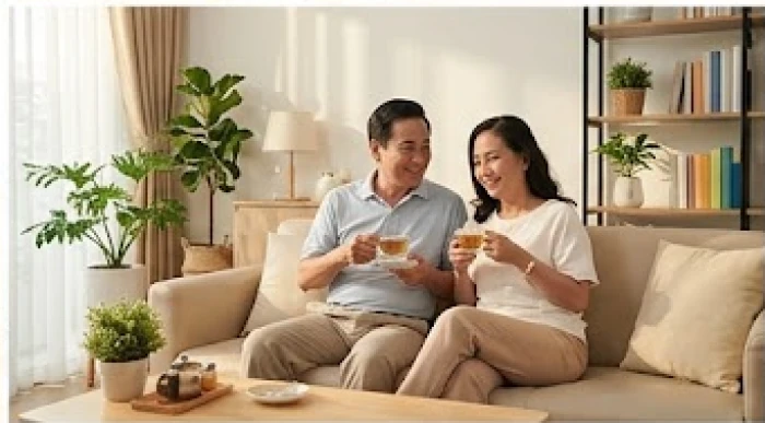 Vợ chồng trung niên người Việt cùng thưởng trà và trò chuyện vui vẻ trong phòng khách ấm cúng