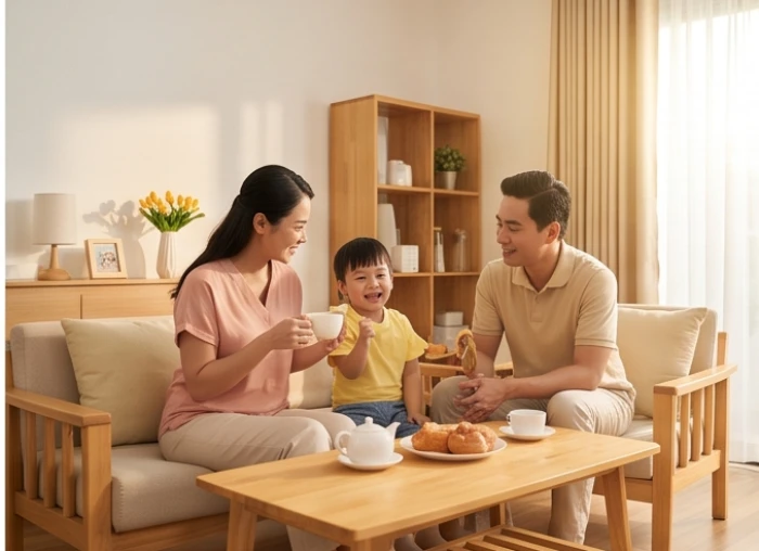 Vợ chồng tuổi Giáp Tý 1984 hạnh phúc cùng con cái trong không gian phòng khách gia đình ấm cúng hợp phong thủy