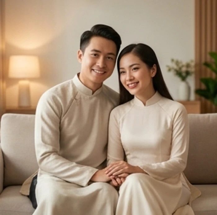 Cặp đôi trẻ đang mỉm cười hạnh phúc trong trang phục áo dài truyền thống tại phòng khách
