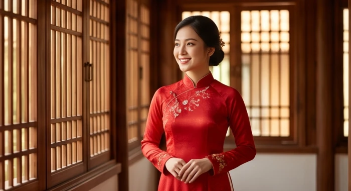 Cô dâu trong áo dài cưới truyền thống màu đỏ sang trọng chuẩn bị cho ngày trọng đại vào năm đẹp không vướng hạn