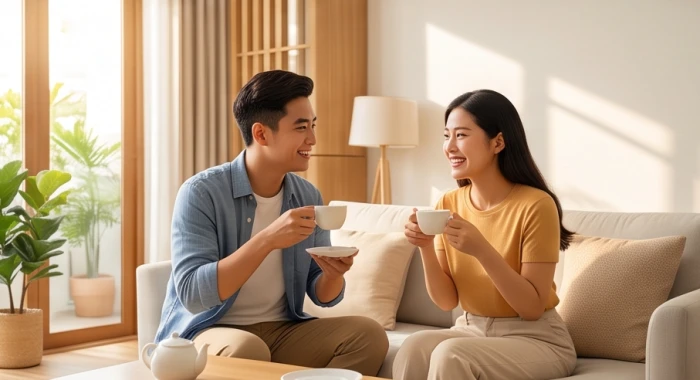 Cặp đôi vợ chồng trẻ trò chuyện vui vẻ trong phòng khách ấm cúng thể hiện sự hòa hợp gia đạo tuổi Kỷ Sửu