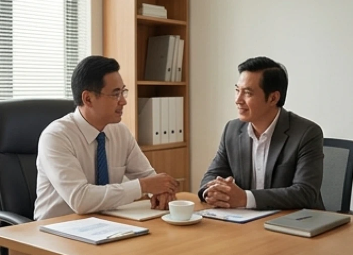 Cuộc trò chuyện hợp tác công việc cởi mở giữa doanh nhân tuổi Canh Tý và đối tác hợp mệnh trong phòng khách sang trọng