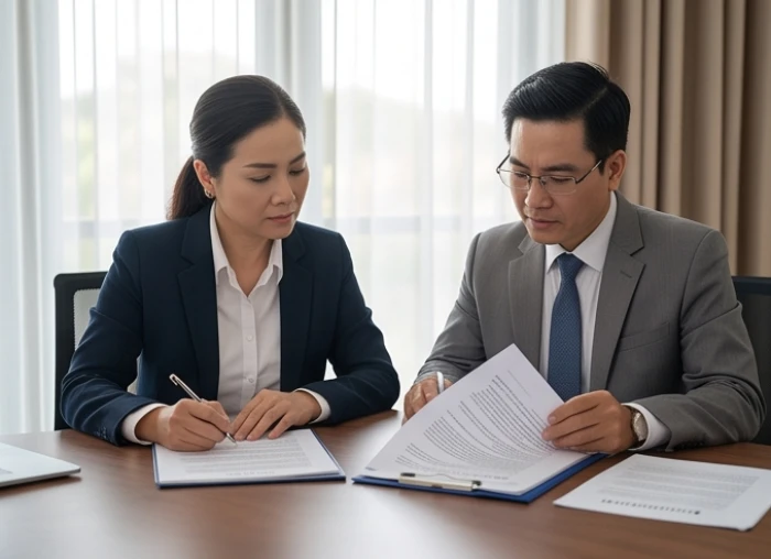Hai đối tác cân nhắc kỹ hợp đồng hợp tác kinh doanh trên bàn hội nghị để tránh rủi ro xung khắc ngũ hành