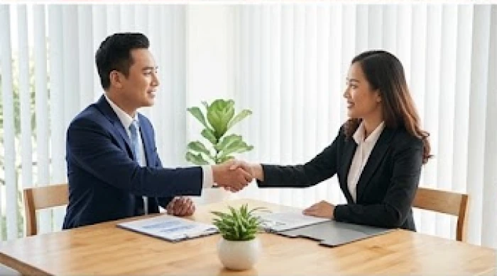 Hai đối tác kinh doanh đang bắt tay thỏa thuận công việc tại một không gian làm việc chuyên nghiệp